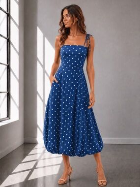 482. Santorini Stroll Polka Dot Maxi Dress in blue